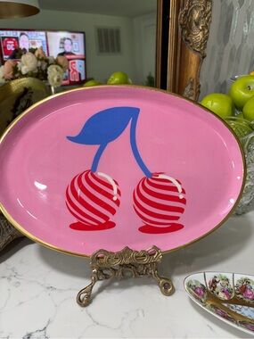Source Unknown Pink Oval Tray with Blue Stem and Red Striped Cherries